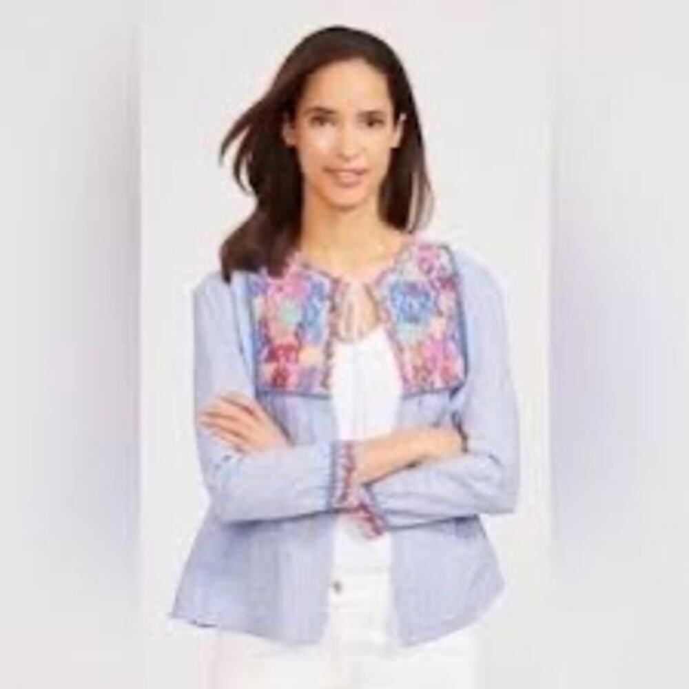 J. McLaughlin Linen Embroidered Boho Jacket Open Front Tassel Tie Blue Stripe M